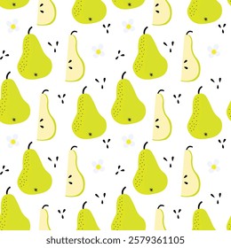 Doodle style seamless pattern with green fresh pears full and half.