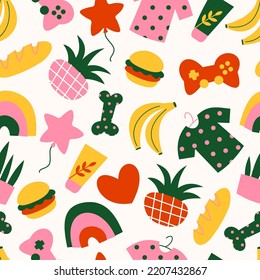 Doodle style seamless pattern. Online shopping. Various shopping objects. Vector illustration