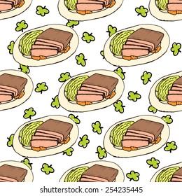 Doodle Style Seamless Pattern for Saint Patrick's Day. Corned Beef and Cabbage