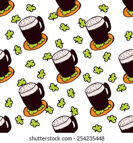 Doodle Style Seamless Pattern for Saint Patrick's Day. Irish dark beer