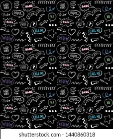 Doodle-Stil nahtloses Muster mit Sprachblasen und Comicstil-Elementen, handgezeichnete Vektorgrafik auf einer Tafel