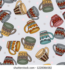 Doodle style seamless pattern with tea cups. Vector illustration.
