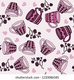 Doodle style seamless pattern with tea cups. Vector illustration.