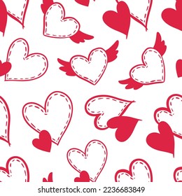 Doodle style seamless pattern for Valentine's Day. Vector hand drawn seamless background with hearts. Valentines textile, wrapping, wallpapers.