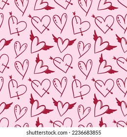 Patrón sin fisuras estilo Doodle para el Día de San Valentín. El fondo del vector es perfectamente dibujado con los corazones. Textil de San Valentín, envoltura, papeles pintados.