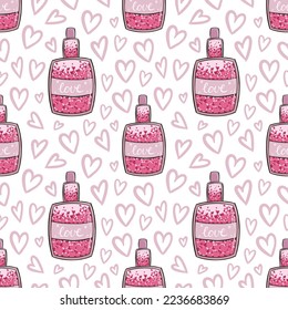 Doodle style seamless pattern for Valentine's Day. Vector hand drawn seamless background with hearts. Valentines textile, wrapping, wallpapers.