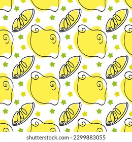 Patrón sin fisuras estilo Doodle con limones enteros y lonchas de limón sobre fondo blanco