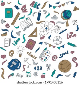 Doodle style seamless school illustration. School drawing.