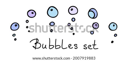 Doodle style set with bubbles. Hand drawn icon and symbol for print on baby clothes, sticker, textile, menu design.