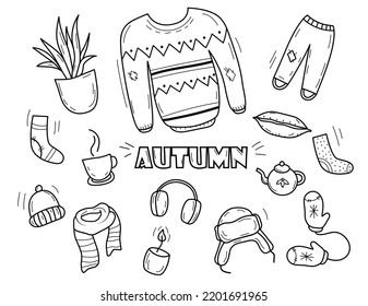 Doodle style set with cozy autumn pictures. Sweater, mittens, fur headphones, earflaps, hat, teapot, candle, mug, pot of flowers. Vector stock illustration. White background. hand drawn