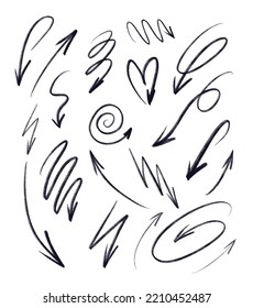
Doodle style. A set of different arrows. Arrow in the form of a heart and spirals. For navigation, designations, pointers. Design of presentations, banners, outdoor advertising. Vector sketch.