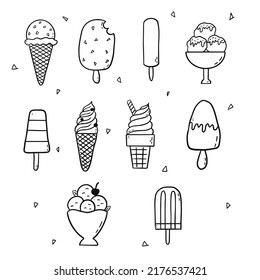 Doodle style set with different ice creams, hand drawing: cone, popsicle, ice cream cup, waffle cup. Decoration for postcards.