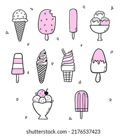 Doodle style set with different ice creams, hand drawing: cone, popsicle, ice cream cup, waffle cup. Decoration for postcards.