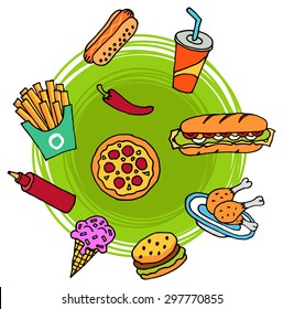 Doodle style set of fast food like pizza, hamburger, cola, ice cream, hot dog, french fries, chicken legs etc