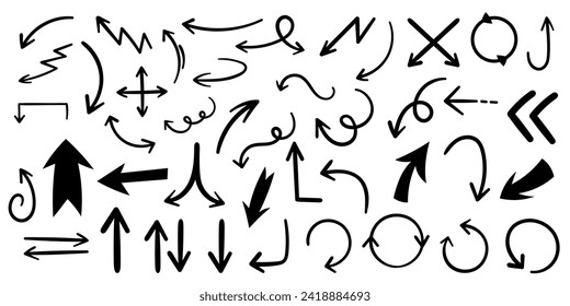 Doodle Style Set of Freehand Emphasis Arrows, Swirls, and Doodles. Elevate Your Infographics, Charts, and Presentations with these Playful and Informative Line Marks.