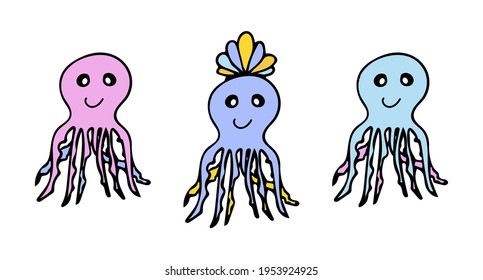 Estilo doodle con pulpo. Icono dibujado a mano y símbolo para imprimir en ropa de bebé, pegatina, textil, diseño de menú.