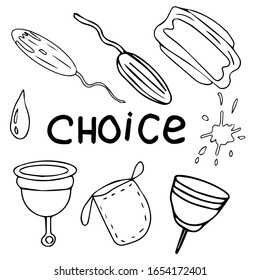 Doodle style set on an isolated white background. Choice, swab, pad, menstrual cup. Women's hygiene and menstruation. Zero waste. Stock vector illustration.