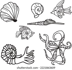 Doodle style. Set of simple vector stylized sea elements. Shells, fish, octopus. Monochrome, hand drawn vector, strokes, dots.