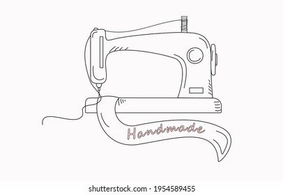 Doodle style sewing machine with text. Handmade. Vector graphics with isolated background.