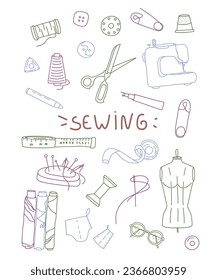 Doodle style sewing on white background. Sewing concept. Set of elements for sewing and cutting. Abstract vector illustration. Hand drawn fashion vector illustration.