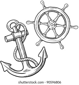 Doodle Style Ships Anchor And Wheel Illustration In Vector Format