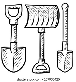 Doodle style shovel sketch in vector format. Set includes spade, snow shovel, and entrenching tool.