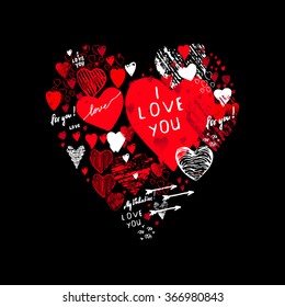 Doodle style sketch art. Graffiti with hearts and inscriptions: "happy Valentine's Day", "I love you", "My Valentine".