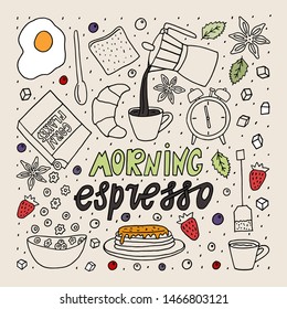 Doodle style sketch with color elements. Morning espresso lettering with food and drink  . Vector illustration