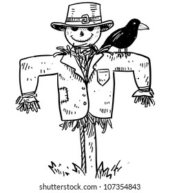 Doodle style sketch of a farm scarecrow with crow or raven in vector illustration.