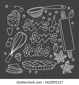 Doodle style sketch . Freehand drawn bakery symbols and quote Vector illustration