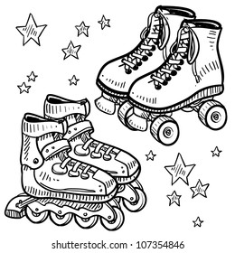 Doodle style sketch of rollerskates and rollerblades in vector illustration.