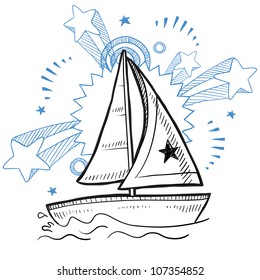 Doodle style sketch of a sailboat vacation on a pop explosion background in 1960s or 1970s style in vector illustration.