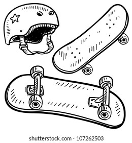 Doodle Style Sketch Of Skateboard Equipment, Including Board And Helmet, In Vector Illustration.