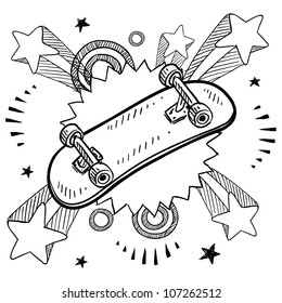 Doodle style sketch of a skateboard with pop explosion background in 1960s or 1970s style in vector illustration.