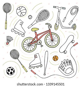 Doodle style sketch. Sport activity. Bike, roller skates, scooter, skateboard, balls, tennis rackets, rope, baseball equipment. Vector sport objects set.