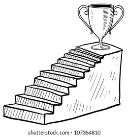 Doodle style sketch of a staircase to success including dais and trophy in vector illustration.