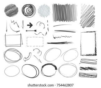  Doodle style sketched frames, strokes, arrows,shaded and hatched badges and bubble shapes isoleted on white
