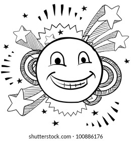 Doodle style smiley face on pop 1970s explosion background illustration in vector format