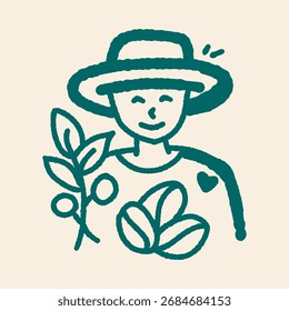 Doodle Style Smiling Coffee Farmer Illustration with Bean and Leaf Graphic Element