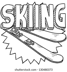 Doodle style snow skiing sports illustration.  Includes text and skis.