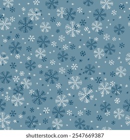 Doodle style Snowflake seamless pattern on blue background. Hand drawn vector illustration.