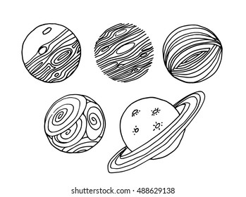  Doodle style space planets illustration. Black and white line art style.