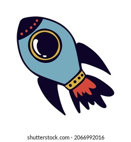 Doodle style space rocket color red launch and blue case small lights illuminator