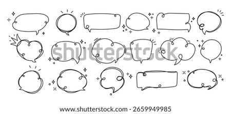 Doodle Style Speech and Thought Bubble Icons. Speech bubbles doodle style with sketchy lines and decorative elements, for social media graphics, stickers, presentations. Vector illustration