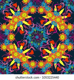 Doodle style, spring floral background. Vector flower pattern. Colorful seamless botanic pattern, detailed flowers illustrations in black, orange and blue colors.