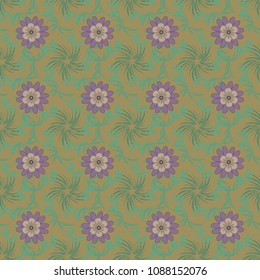 Doodle style, spring floral background. Vector flower pattern. Colorful seamless botanic pattern, detailed flowers illustrations in green, blue and beige colors.