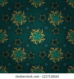 Doodle style, spring floral background. Vector flower pattern. Colorful seamless botanic pattern, detailed flowers illustrations in yellow, blue and black colors.