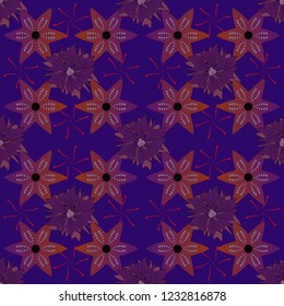 Doodle style, spring floral background. Colorful seamless botanic pattern, detailed flowers illustrations in red, blue and purple colors. Vector flower pattern.