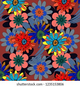 Doodle style, spring floral background. Vector flower pattern. Colorful seamless botanic pattern, detailed flowers illustrations in blue, brown and black colors.