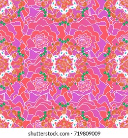 Doodle style, spring floral background. Vector flower pattern. Colorful seamless botanic pattern, detailed flowers illustrations in violet, pink and white colors.